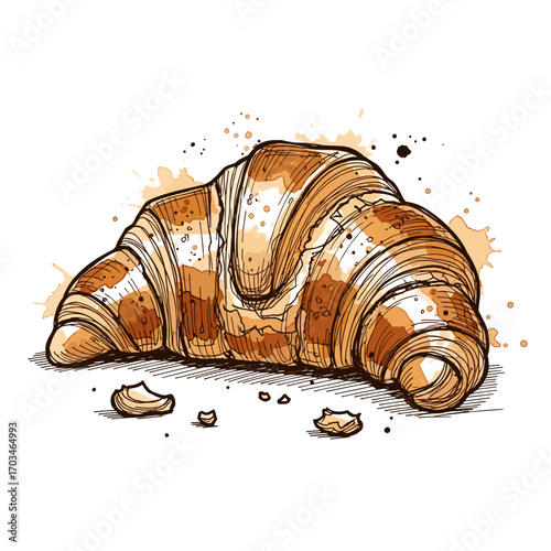 Engraving croissant on watercolor crispy golden background, vector illustration for bakery design

