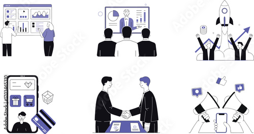 Illustration of collection of business and finance icons including presentation, meeting, startup, mobile payment, handshake, and teamwork, and Illustration  vector.
