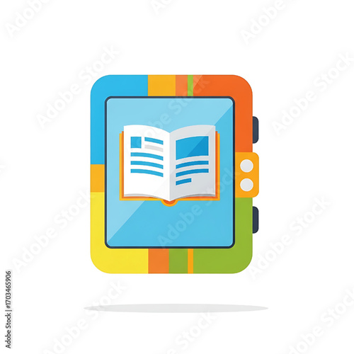 An illustration of a colorful ebook reader displaying an opened book. Perfect for educational, technology, and reading-related themes. Ideal for digital content and apps.
