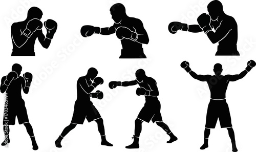 Black Silhouettes of Boxers in Various Fighting Poses, Capturing the Dynamic Action and Athleticism of the Sport in a Clean, Graphic Style