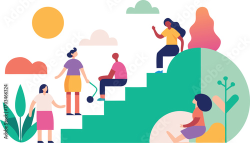 Diverse people interacting on abstract steps and plants illustration