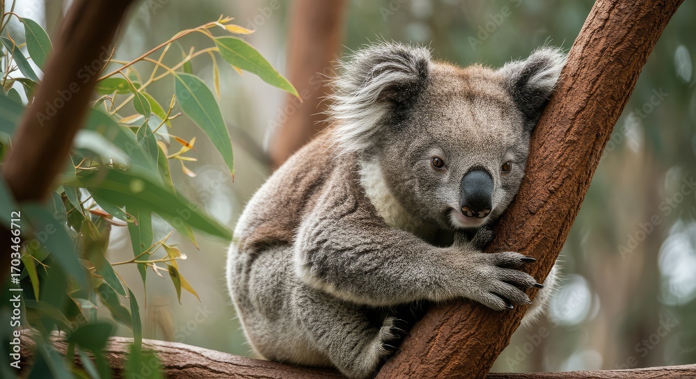 Fototapeta premium Charming koala peacefully resting on a eucalyptus tree branch, capturing the serene essence of Australian wildlife and natural habitats with soft, natural light.