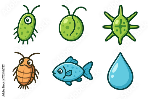 Cute cartoon aquatic creatures and microorganisms set