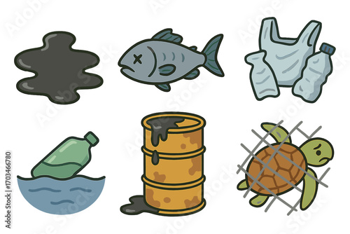 Ocean pollution impact: dead fish, oil spill, plastic waste, trapped marine life