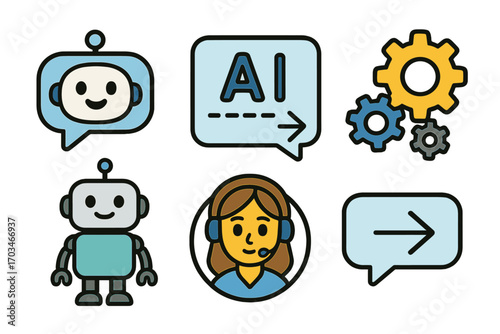 Ai communication icons: robots, gears, chat bubbles, and female operator
