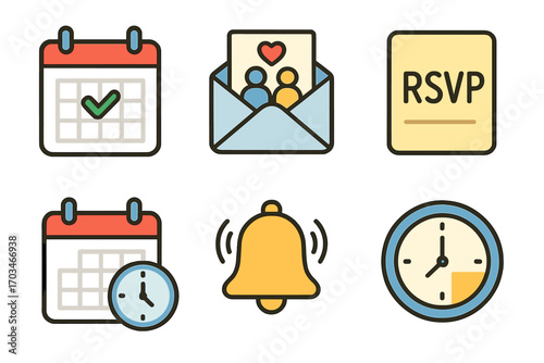 Event planning icons: calendar, rsvp, reminder, clock, invitation symbols