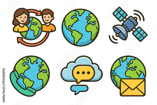 Cartoon icons of global communication and earth with technology symbols