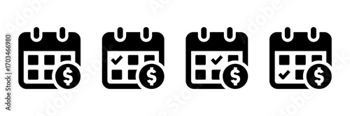 Payment schedule icon with calendar and dollar sign. Ideal for payday, salary date, billing reminder, due date, and financial planning projects. Solid style vector illustration.
