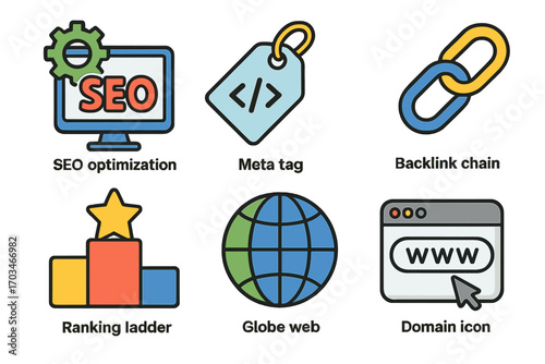 Colorful seo and digital marketing icons featuring optimization, meta tags, backlinks, ranking, globe, and domain