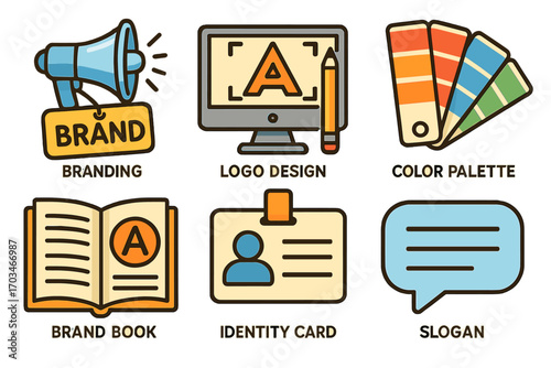 Branding elements: logo design, color palette, brand book, identity card, slogan