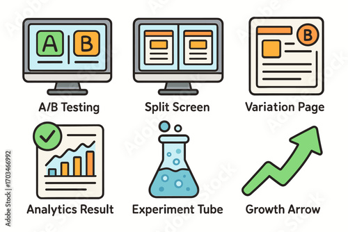 Digital marketing tools and analytics icons: split screen, a/b testing, growth arrow