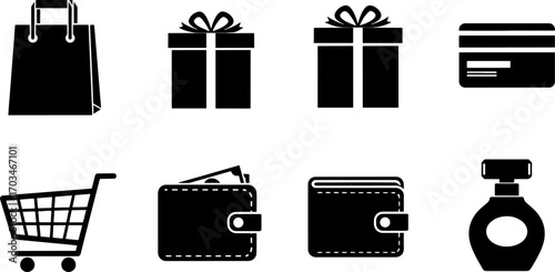 Black silhouette icons representing shopping and finance a shopping bag, gift boxes, a credit card, a shopping cart, a wallet, a billfold, and a perfume bottle, perfect for e-commerce and retail