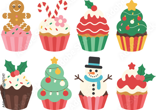 Christmas Cupcakes Vector Set – Cute Winter Holiday Sweets, Santa Hat Muffin, Snowman Cupcake, Christmas Tree Icing, Gingerbread Man Dessert, Festive Cartoon Food Illustration for Cards, Posters, and 