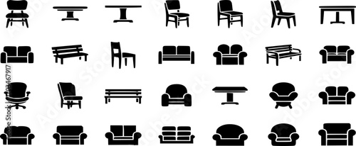 Black chair silhouettes group. Chair, table, bench & Seating icons set Vector illustration