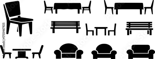 Black chair silhouettes group. Chair, table, bench & Seating icons set Vector illustration