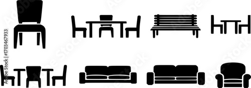Black chair silhouettes group. Chair, table, bench & Seating icons set Vector illustration