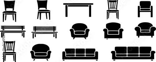 Black chair silhouettes group. Chair, table, bench & Seating icons set Vector illustration
