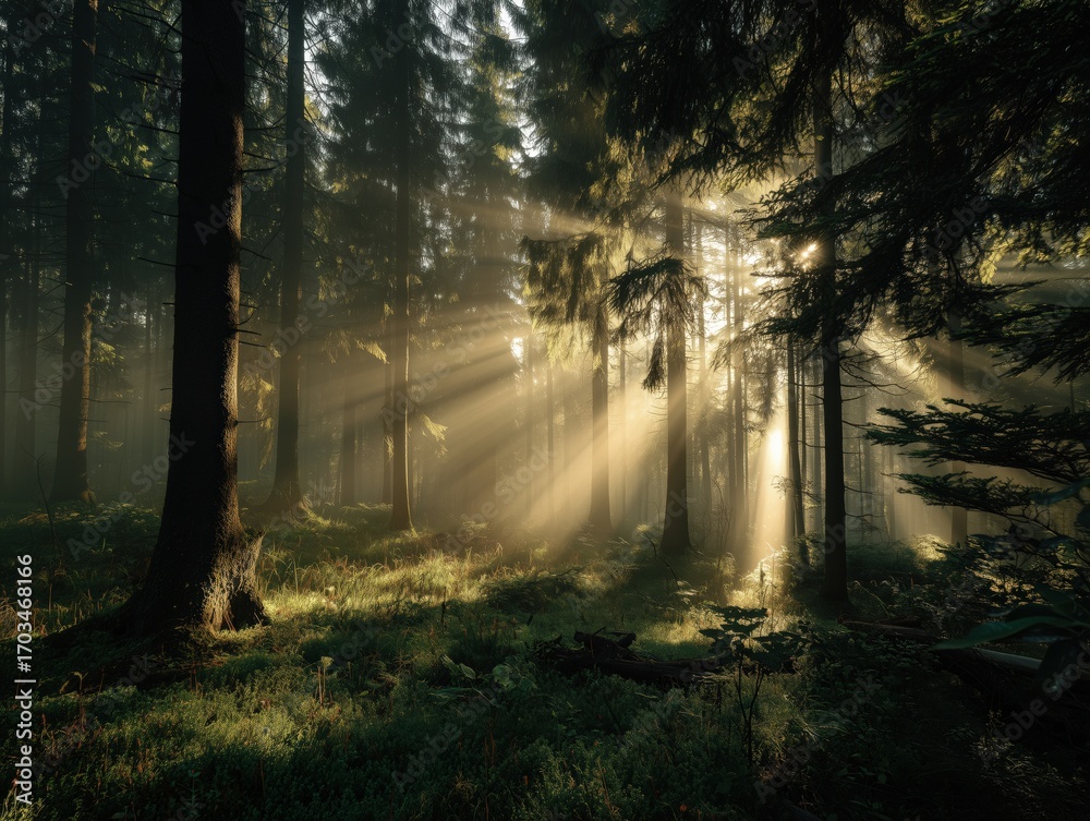 Obraz premium Golden sunbeams illuminate a misty forest at dawn, creating a magical atmosphere