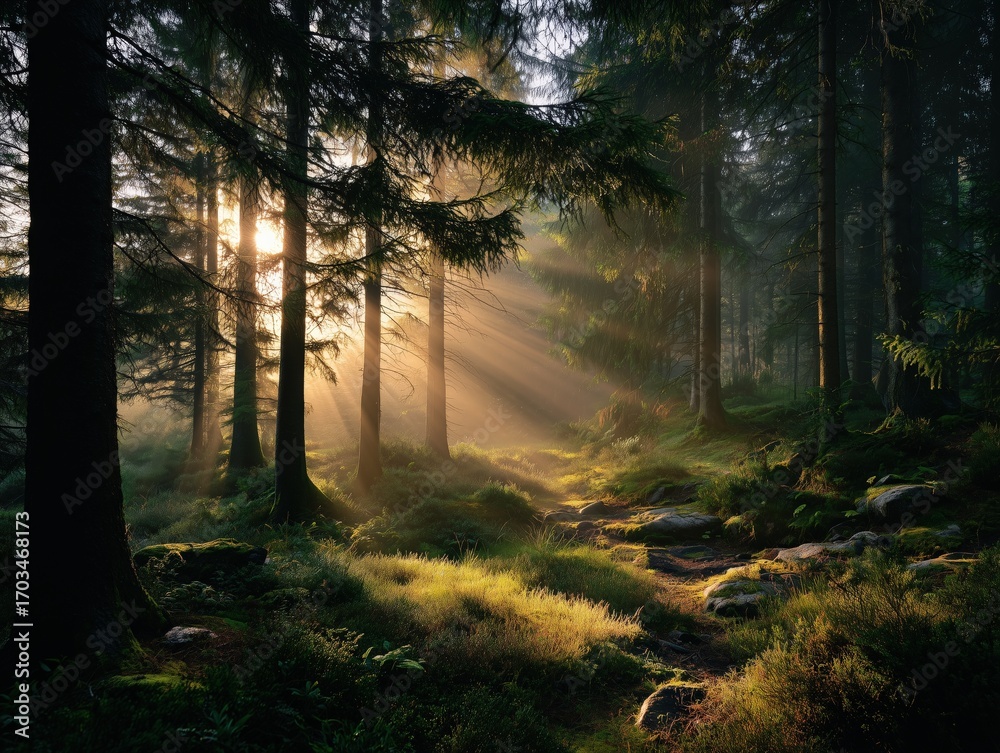 Obraz premium Golden sunbeams illuminate a misty path through a tranquil forest at dawn, creating a magical atmosphere
