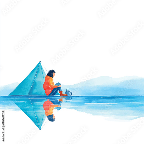 Person Camping by Calm Water Tent Reflection.