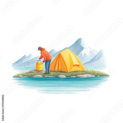 Person camping by the water with a yellow tent and bucket.