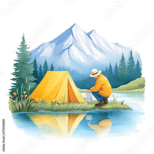 Person Camping Near a Lake with Mountains in the Background.