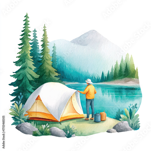 Person setting up a tent by a serene lake surrounded by nature.