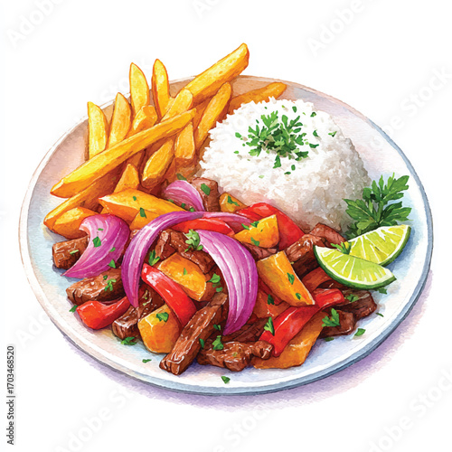 Peruvian Lomo Saltado a Delicious Stirfry Dish with Beef and Vegetables.