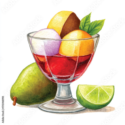 Refreshing Fruit Dessert with Ice Cream and Fresh Produce.