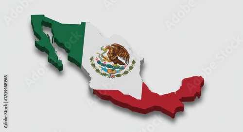 3d render of the mexico map in the colors of the mexican flag. The map is isolated on a white background and casts a soft shadow, emphasizing its three dimensional form.