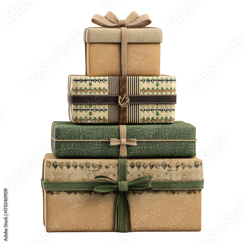 A festive stack of four beautifully wrapped gift boxes with rustic ribbons, isolated on a clean white background