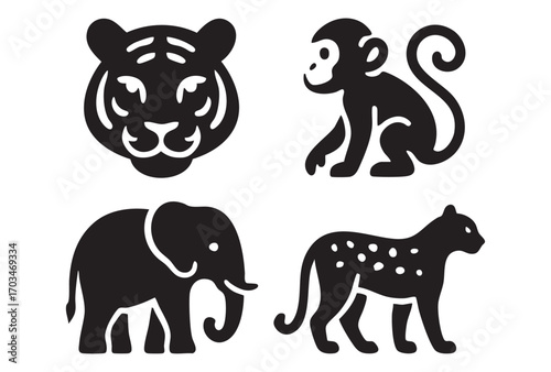 A set of icons featuring four wild animals rendered in black and white: a tiger, a monkey, an elephant, and a leopard.