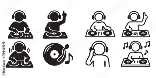 A set of icons related to DJing, designed in black and white.