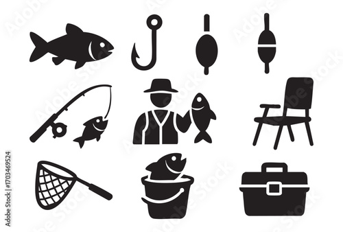 A set of black and white icons related to fishing. 