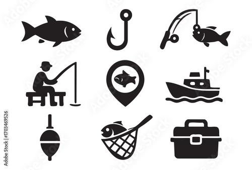 A set of black and white icons related to fishing. 