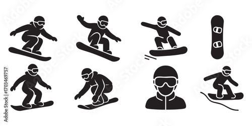 set of vector black snowboarder icons