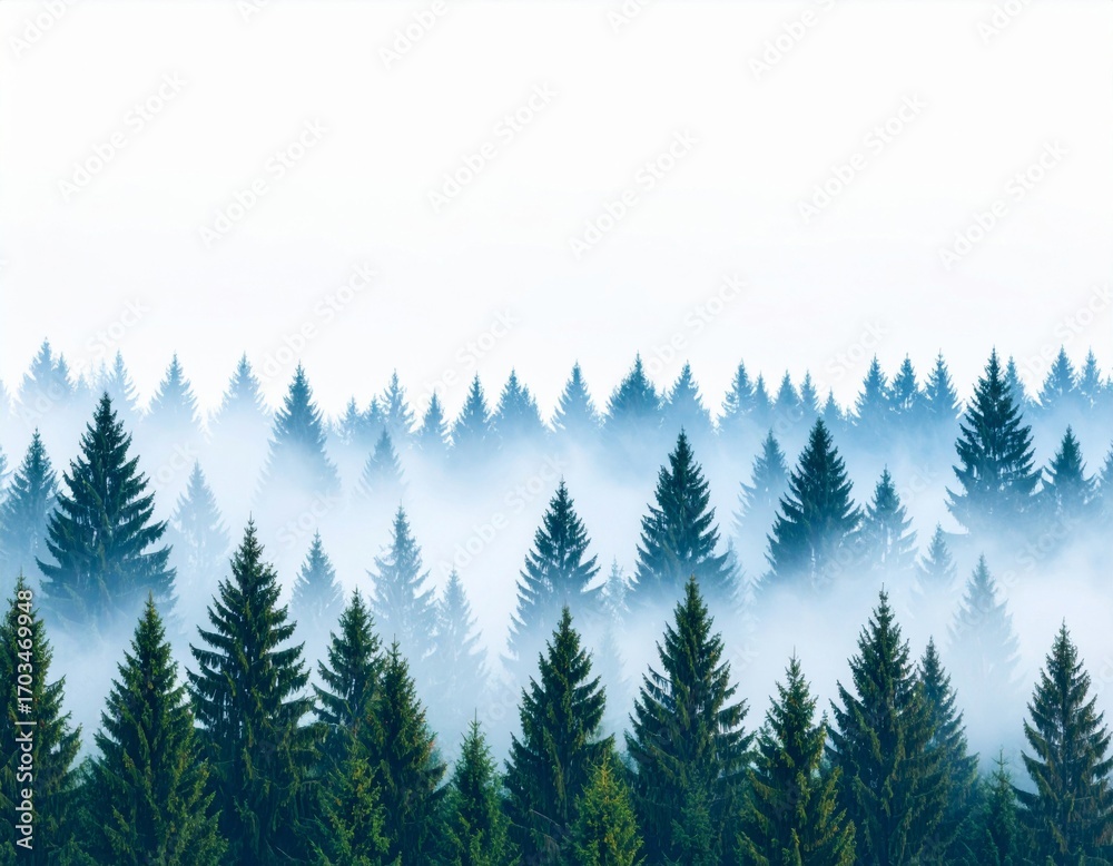 Obraz premium Dense Forest with Mist Cascading Through Evergreen Trees in a Tranquil Landscape