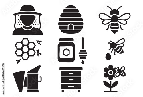 A set of 9 black and white (silhouette) icons on the theme of beekeeping and honey. Each icon is simple, minimalistic, with outlines without fill.