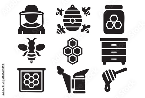 A set of 9 black and white (silhouette) icons on the theme of beekeeping and honey. Each icon is simple, minimalistic, with outlines without fill.