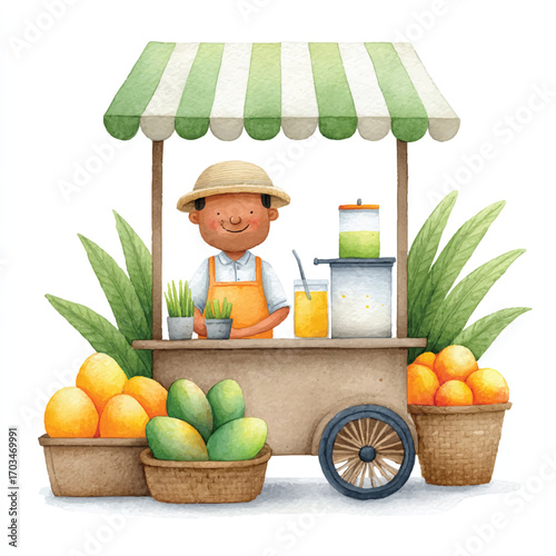 Smiling Juice Cart Vendor with Fresh Mangoes.