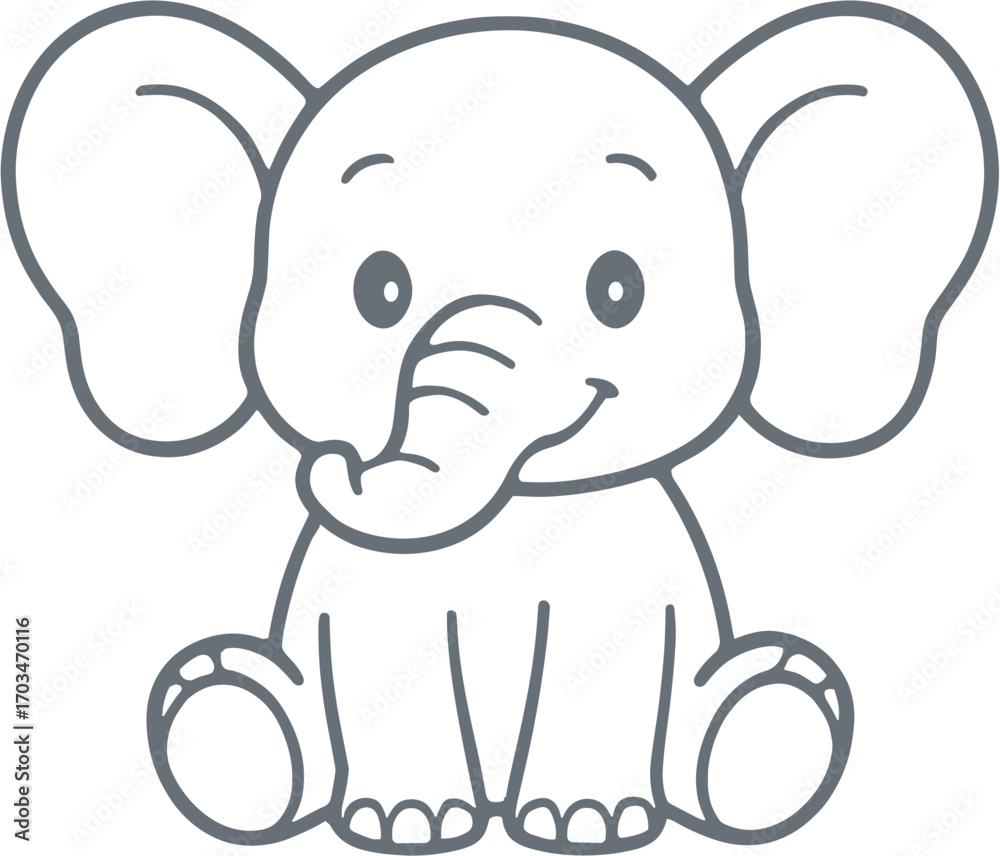 Fototapeta premium Baby Elephant Outline | Cute Simple Cartoon Line Art Clipart