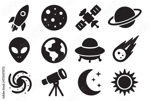 A fantastic collection of space icons in a clean monochrome line art style