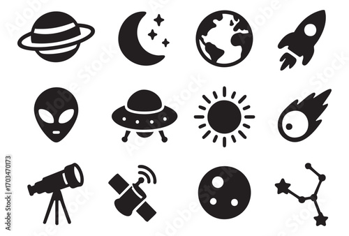 A fantastic collection of space icons in a clean monochrome line art style