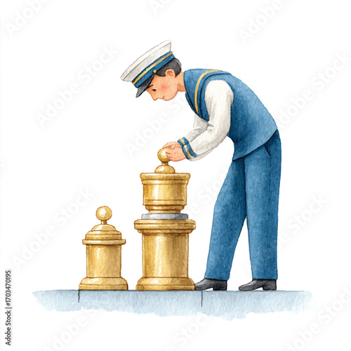 Sailor meticulously adjusting brass mechanism.
