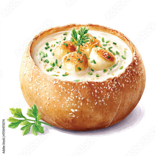 Scallop and Chive Soup in a Bread Bowl with Parsley Garnish.