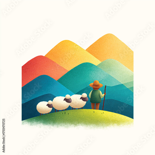Shepherd with sheep in a colorful landscape.