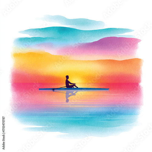 Silhouette of a lone rower on a calm lake at sunrise.