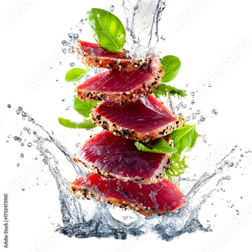 A dynamic stack of gourmet seared ahi tuna tataki slices with sesame seeds and basil, captured in a refreshing water splash on a white background