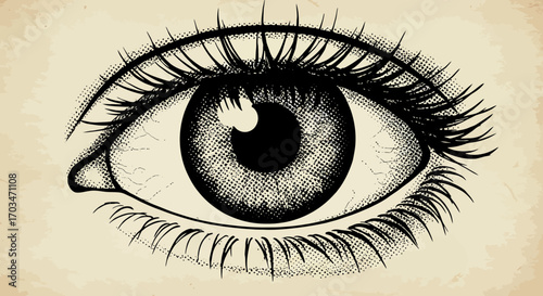 Detailed vintage eye illustration with halftone effect and retro background
