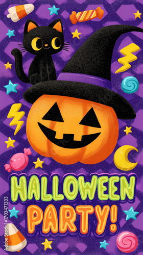 Halloween party invitation background with black cat and pumpkin.